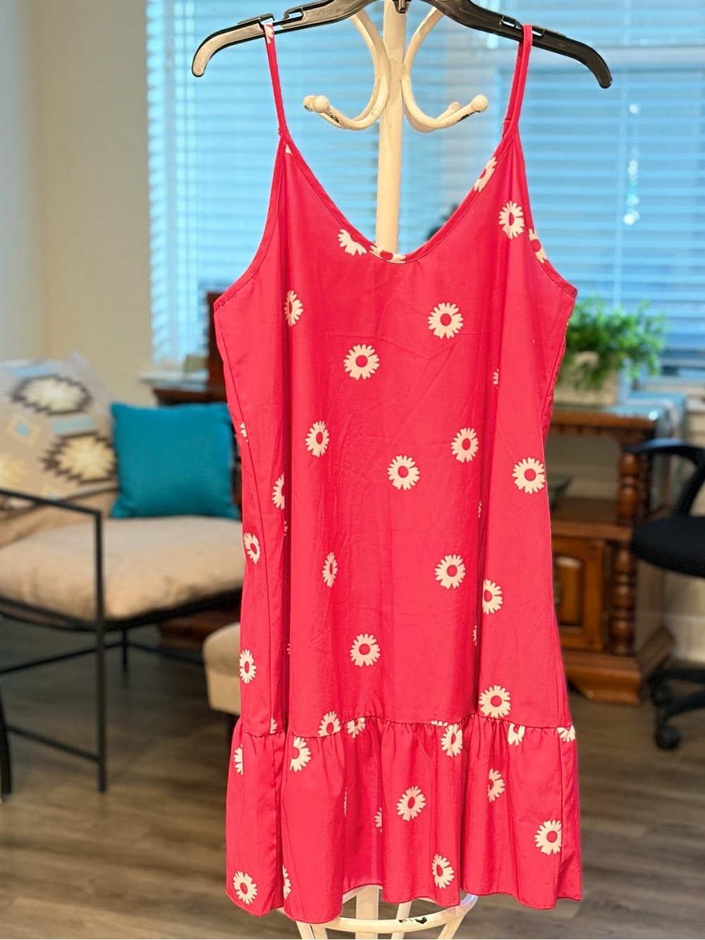 Shein Hot Pink Daisy Print V-Neck Adjustable Spaghetti Strap Ruffle-Hem Dress L